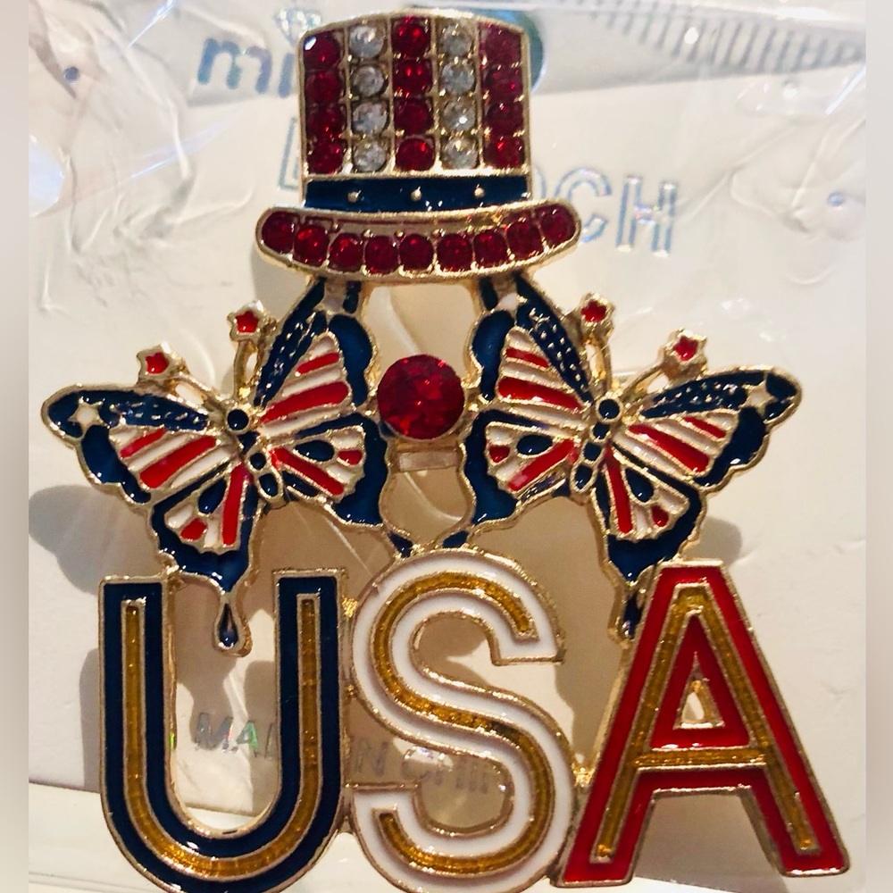 {Brooch} Patriotic USA Butterfly Pin Rhinestones Sam Hat Independence Day NEW